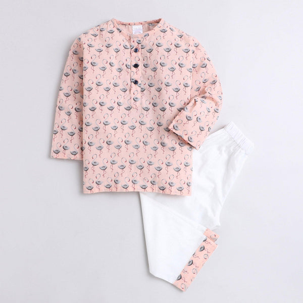Polka Tots Swan print Full sleeves Nightwear Kurta pyjama set - Peach