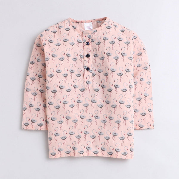 Polka Tots Swan print Full sleeves Nightwear Kurta pyjama set - Peach