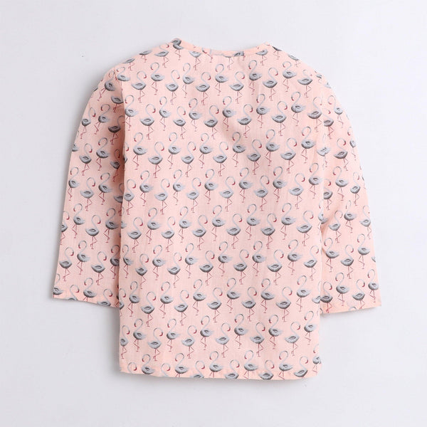 Polka Tots Swan print Full sleeves Nightwear Kurta pyjama set - Peach