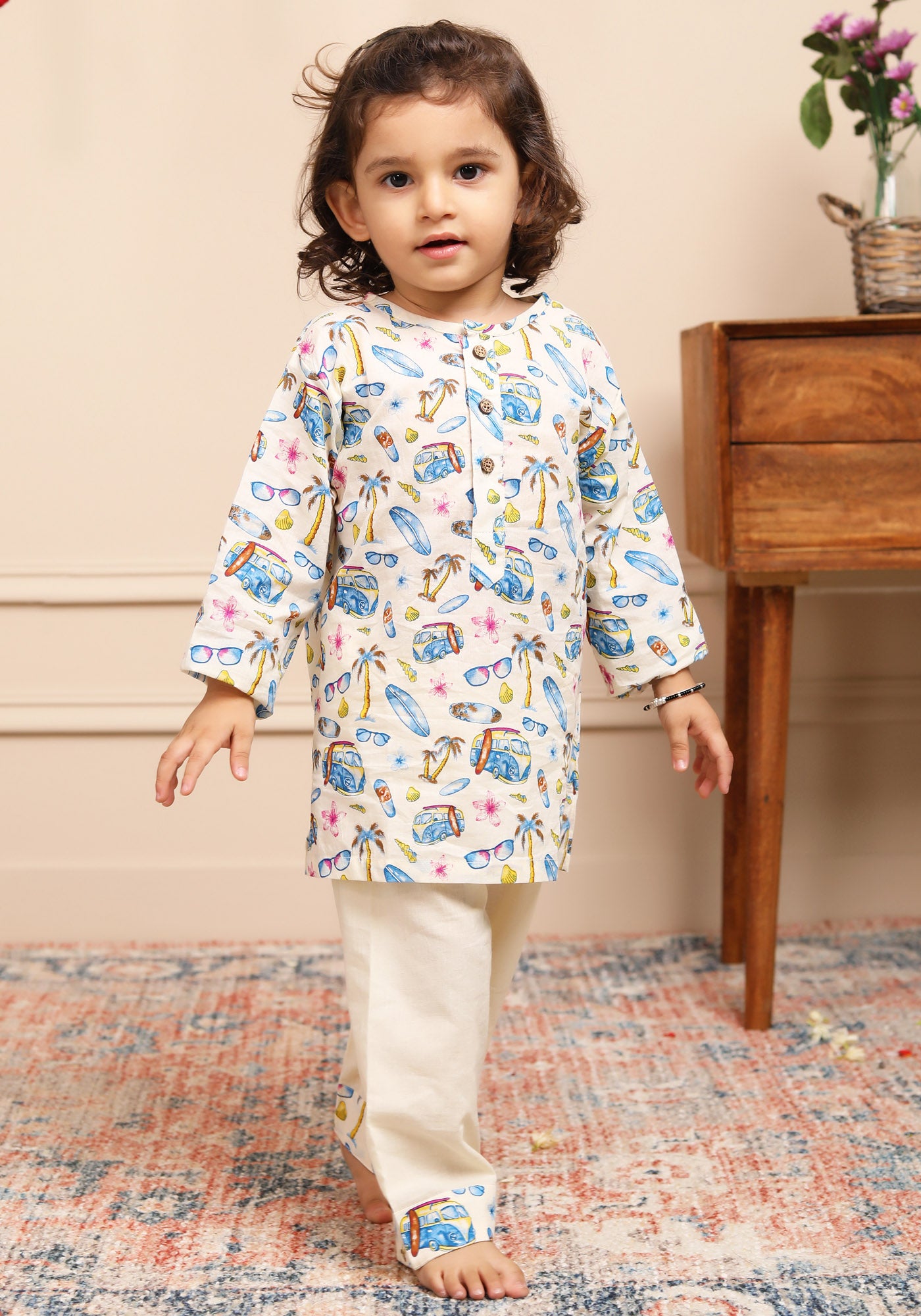 Polka Tots Full Sleeve Print Kurta Car Print With Pyjama Set - Cream