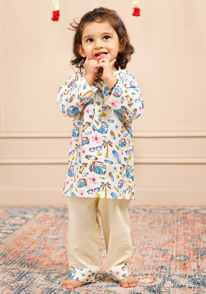 Polka Tots Full Sleeve Print Kurta Car Print With Pyjama Set - Cream