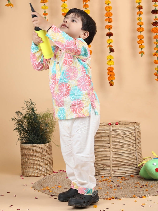 Polka Tots Lemon print Full Sleeves Nightwear Kurta pyjama set - Multicolor