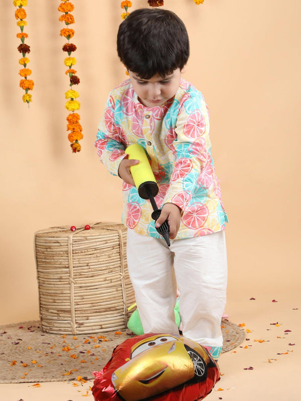 Polka Tots Lemon print Full Sleeves Nightwear Kurta pyjama set - Multicolor