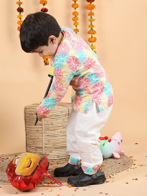 Polka Tots Lemon print Full Sleeves Nightwear Kurta pyjama set - Multicolor