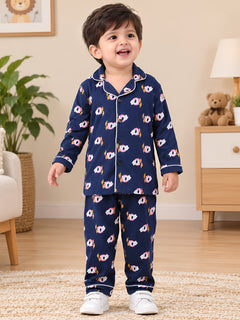 Polka Tots Full sleeve Elephant print Night suit - Navy