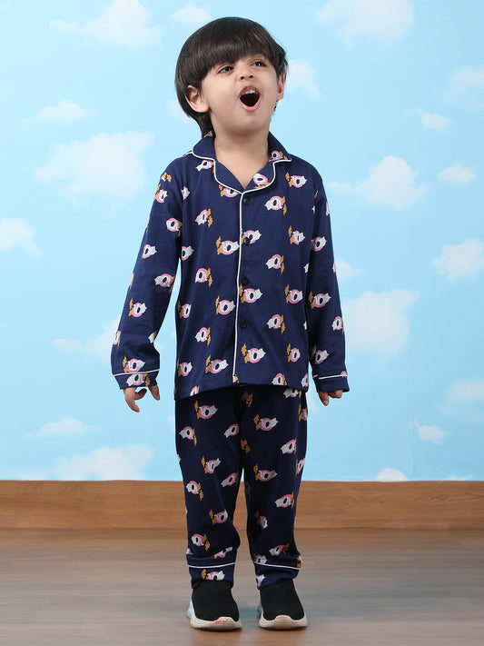 Polka Tots Full sleeve Elephant print Night suit - Navy