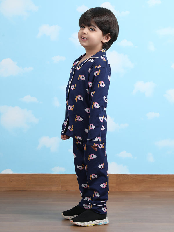 Polka Tots Full sleeve Elephant print Night suit - Navy