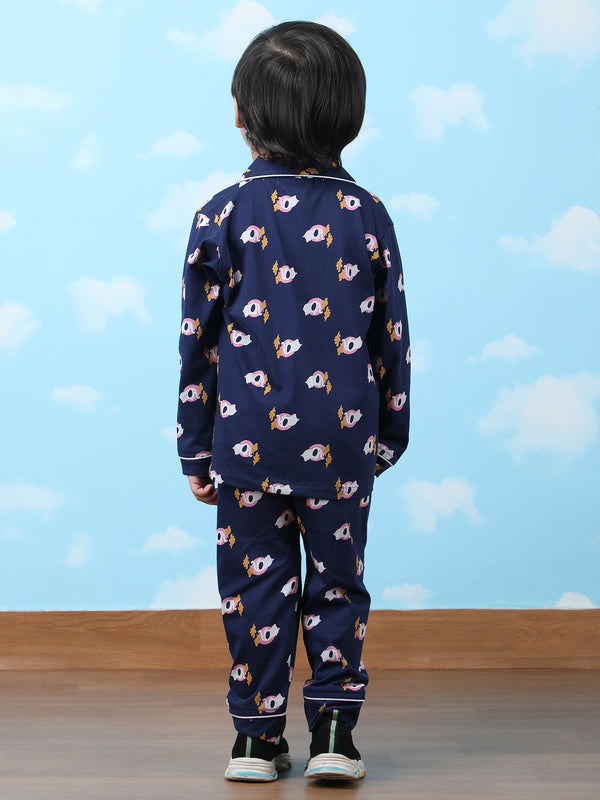 Polka Tots Full sleeve Elephant print Night suit - Navy