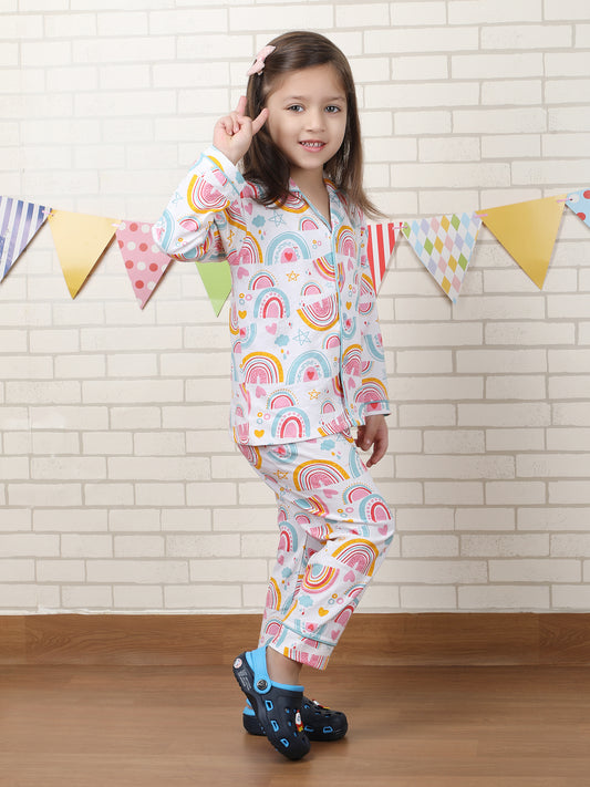 Polka Tots Full sleeve Rainbow print Night suit - Multicolor