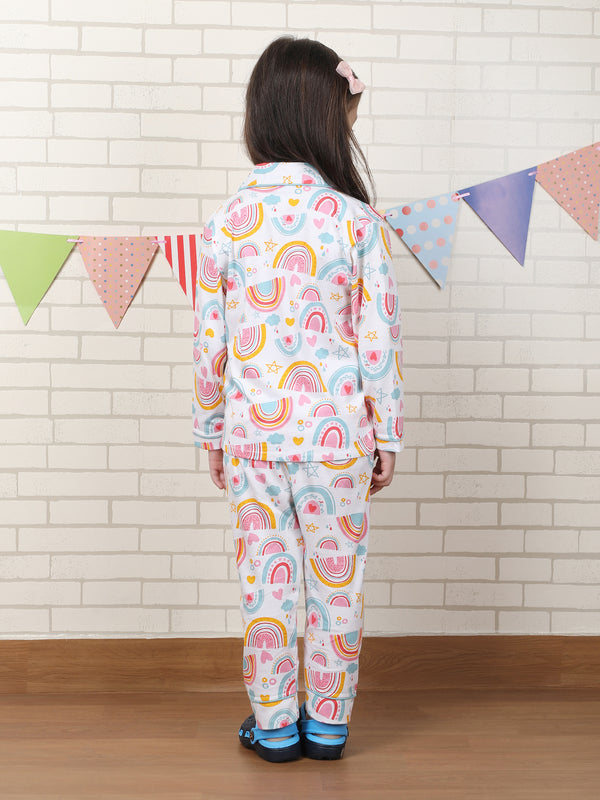 Polka Tots Full sleeve Rainbow print Night suit - Multicolor