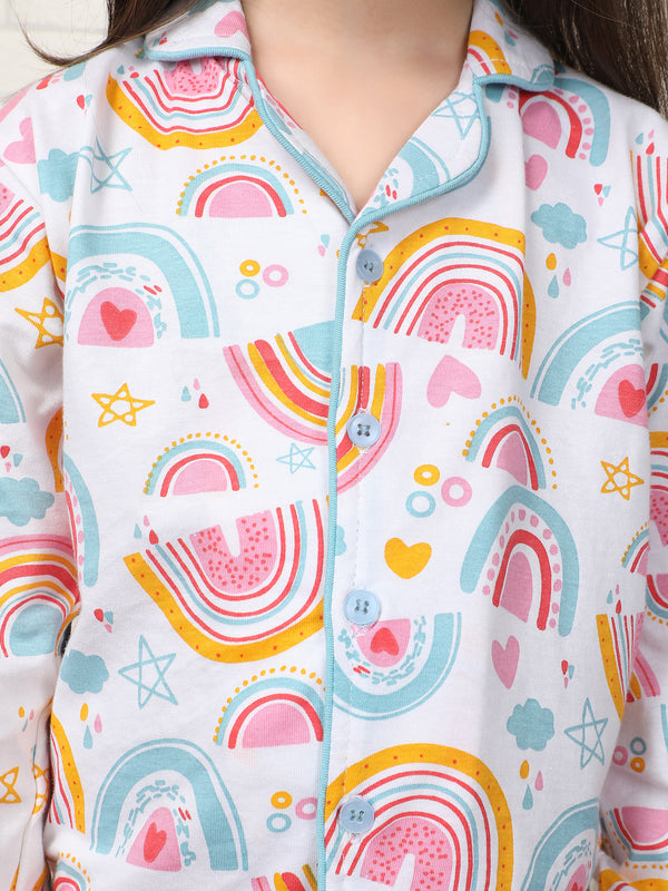 Polka Tots Full sleeve Rainbow print Night suit - Multicolor