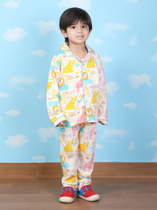 Polka Tots Full sleeve Animal print Night suit - Multicolor