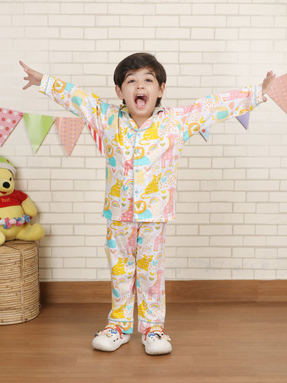 Polka Tots Full sleeve Animal print Night suit - Multicolor
