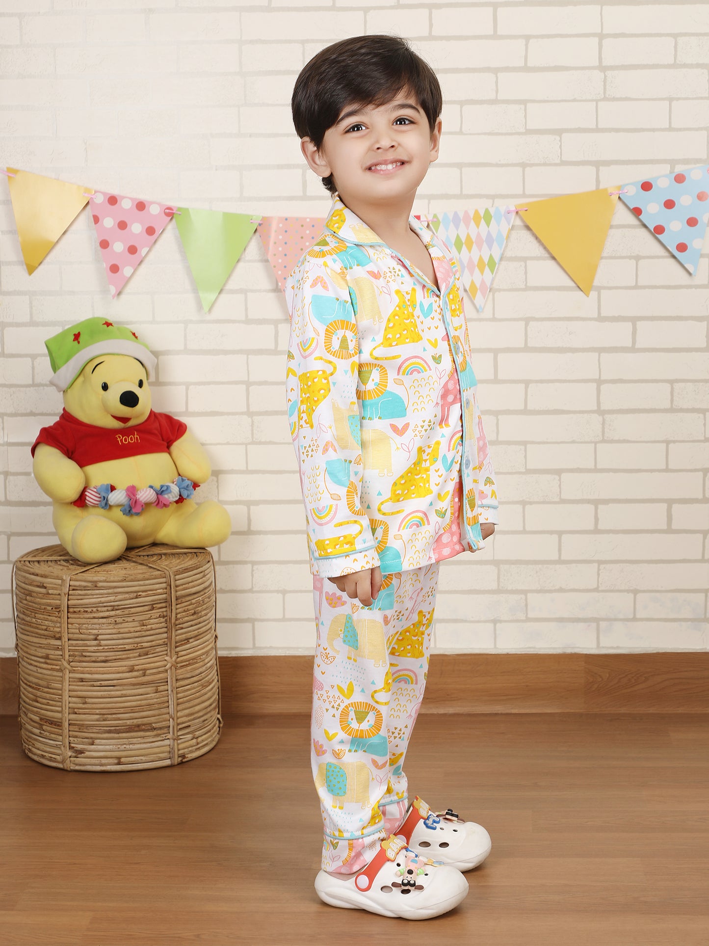 Polka Tots Full sleeve Animal print Night suit - Multicolor