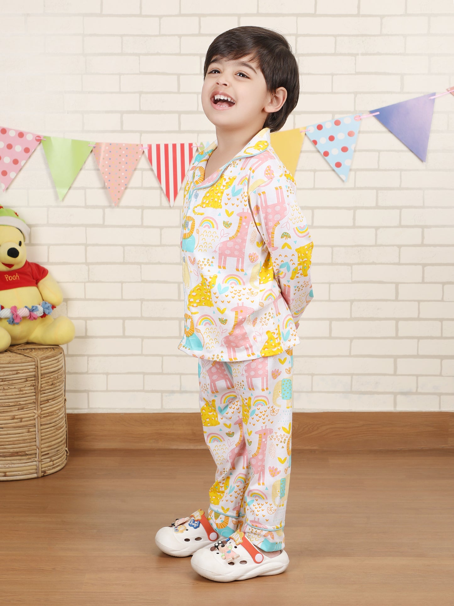Polka Tots Full sleeve Animal print Night suit - Multicolor