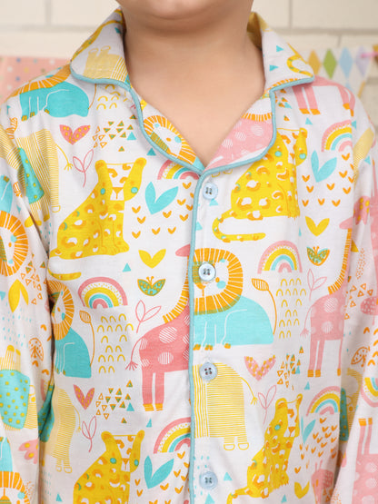 Polka Tots Full sleeve Animal print Night suit - Multicolor