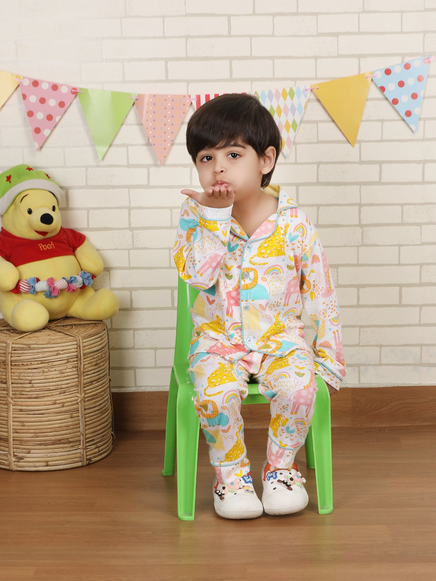 Polka Tots Full sleeve Animal print Night suit - Multicolor