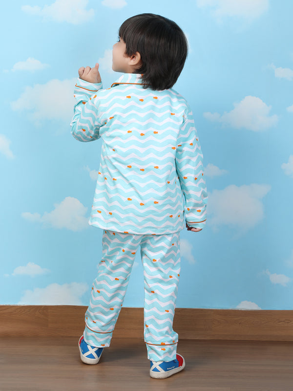 Polka Tots Full sleeve Fish print Night suit - Blue