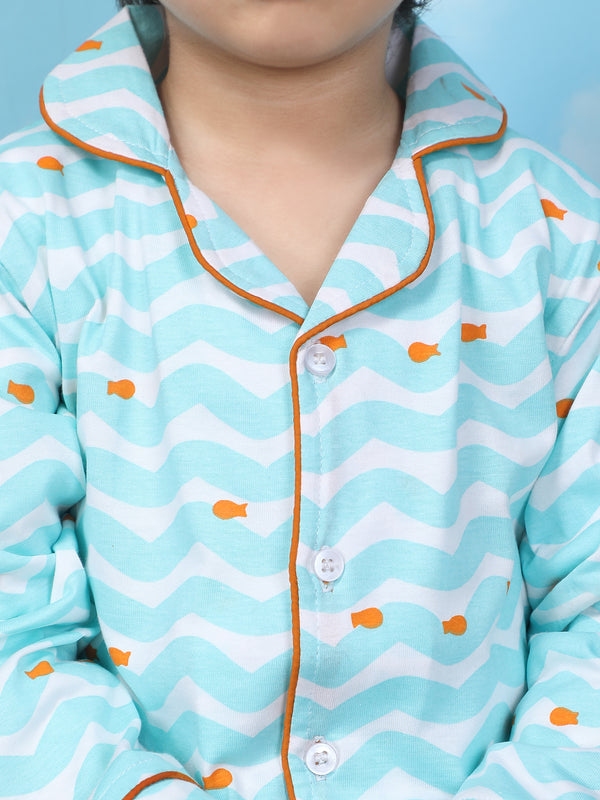 Polka Tots Full sleeve Fish print Night suit - Blue