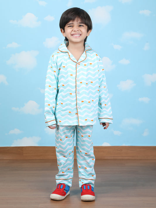 Polka Tots Full sleeve Fish print Night suit - Blue