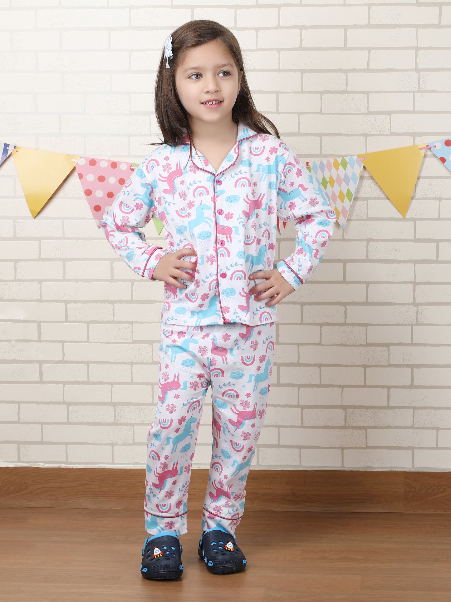 Polka Tots Full sleeve Unicorn print Night suit - Blue and Pink