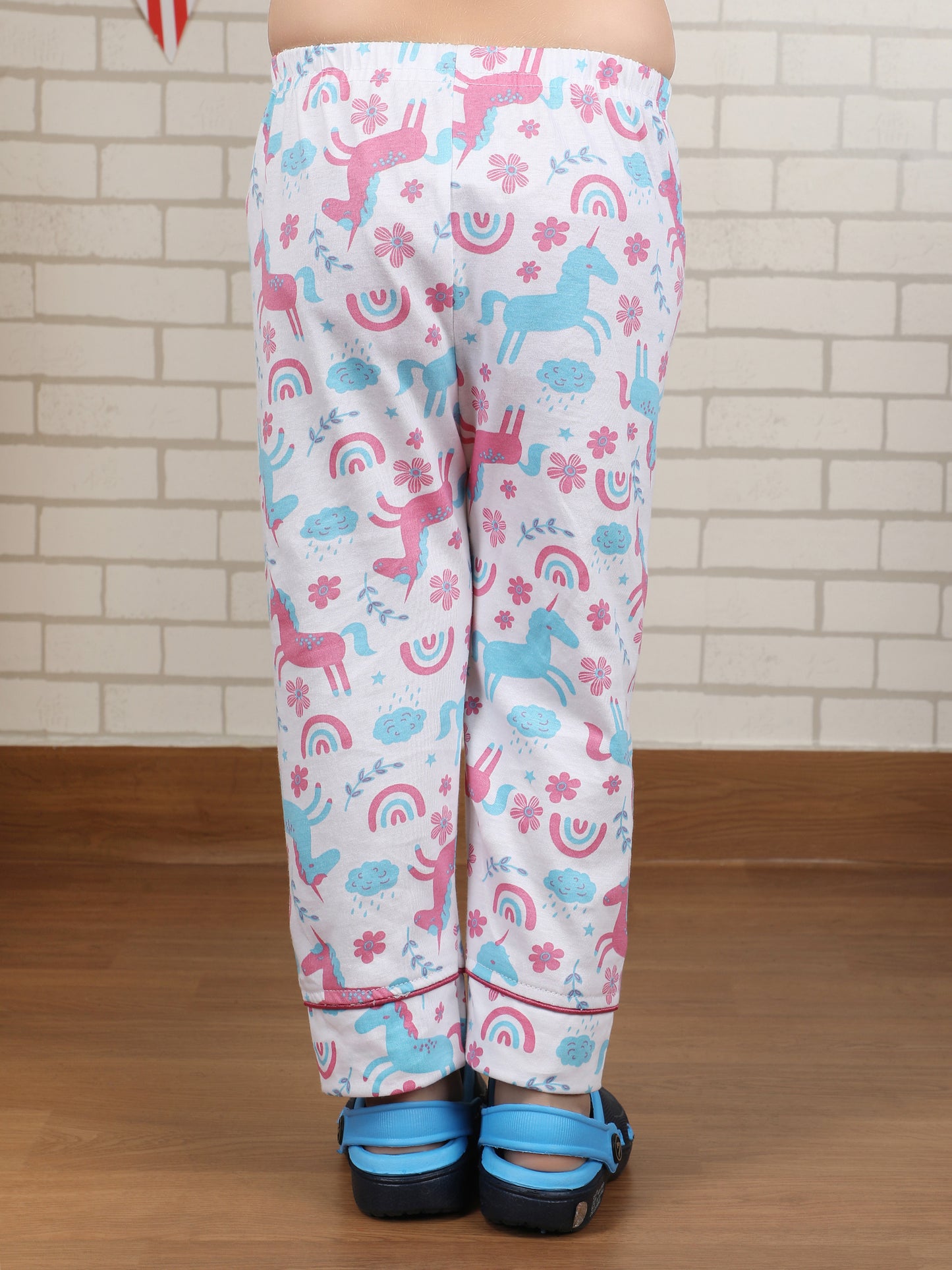 Polka Tots Full sleeve Unicorn print Night suit - Blue and Pink