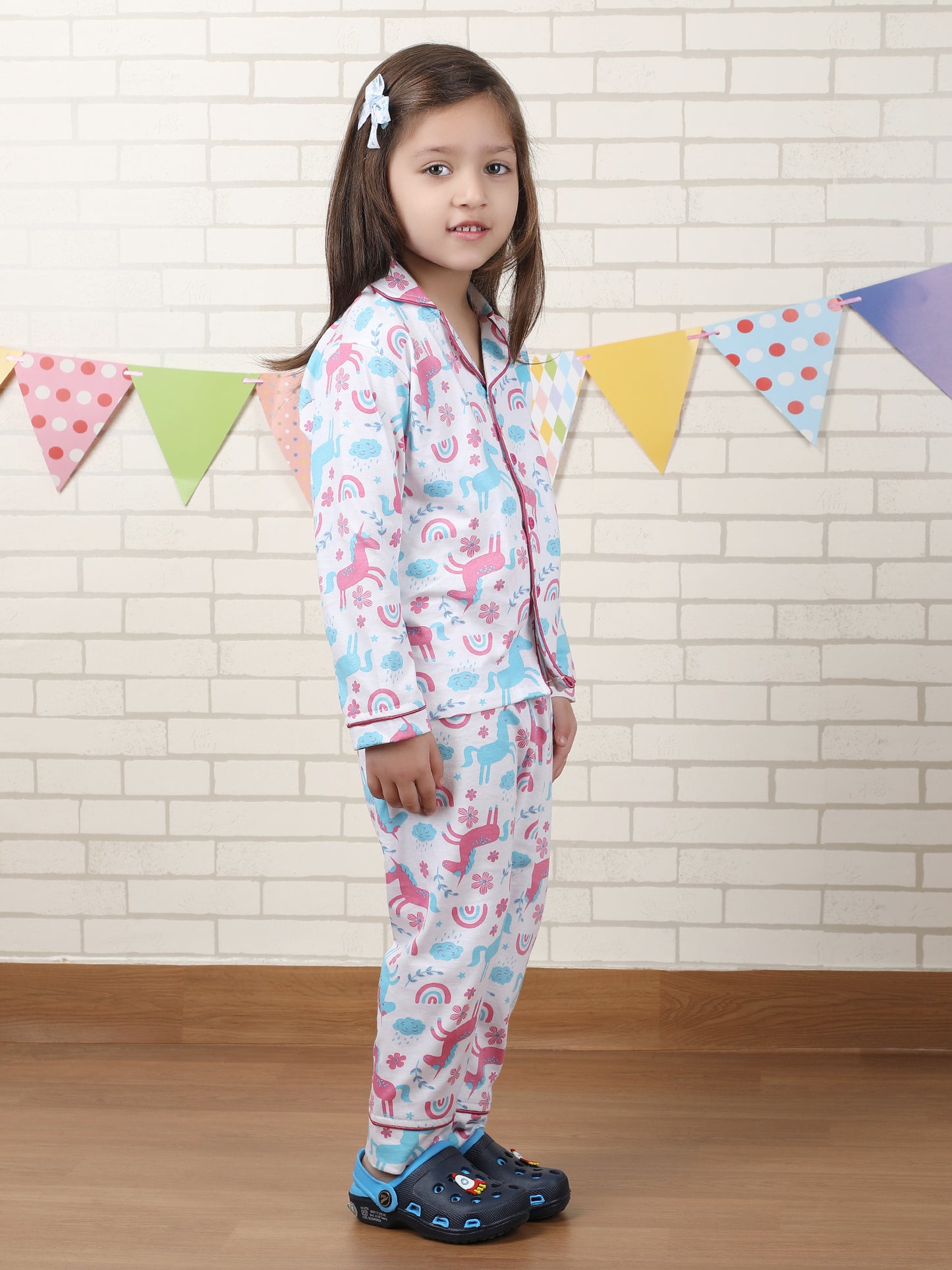 Polka Tots Full sleeve Unicorn print Night suit - Blue and Pink