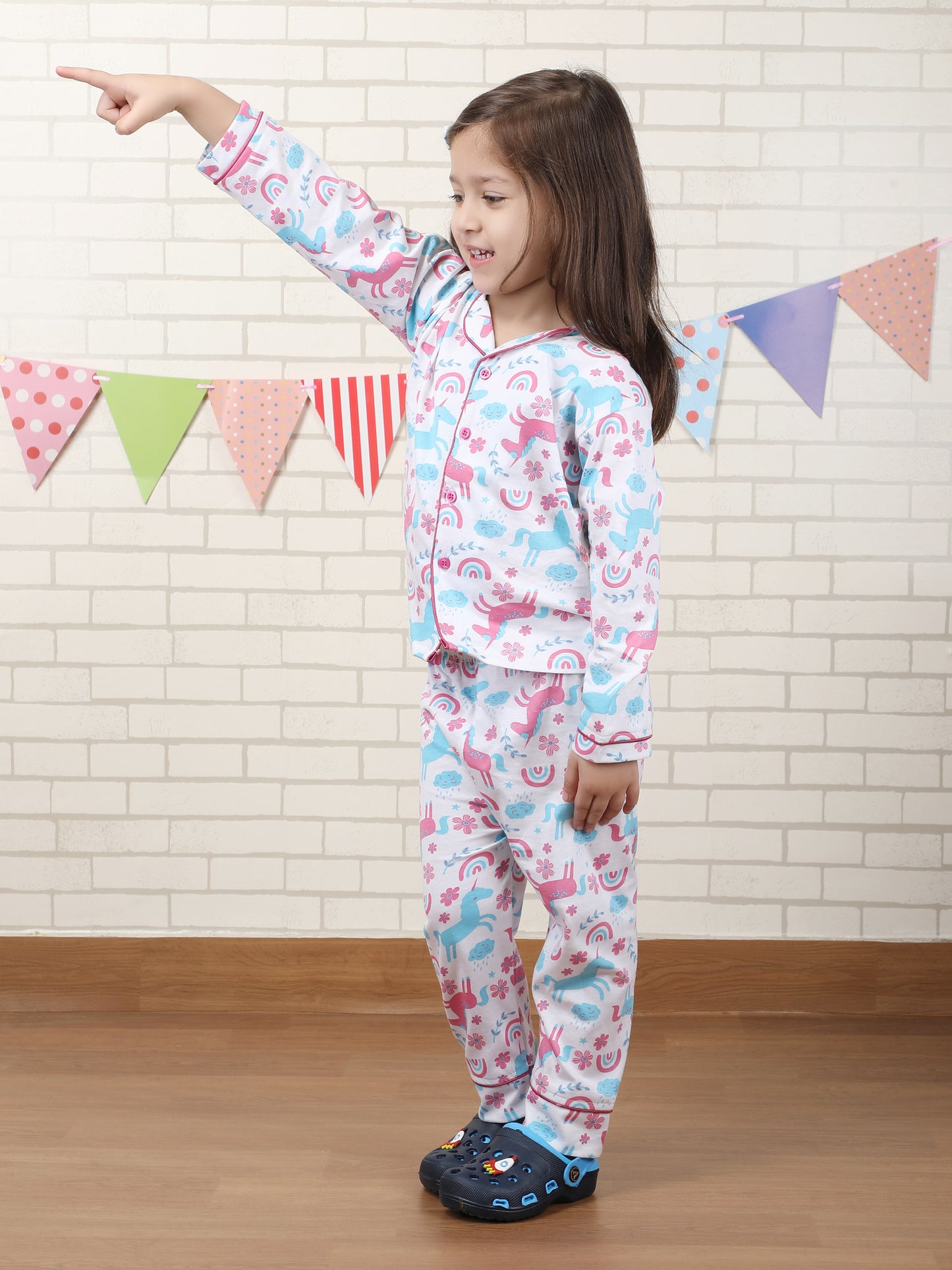 Polka Tots Full sleeve Unicorn print Night suit - Blue and Pink