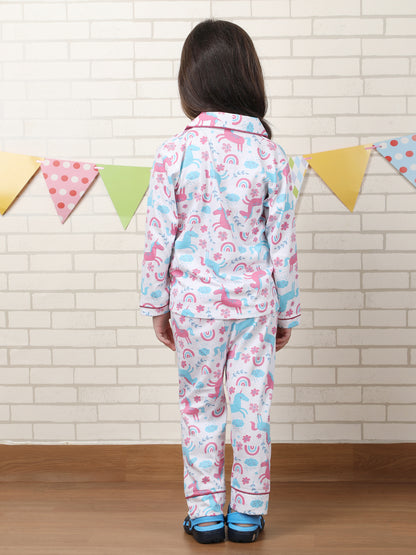 Polka Tots Full sleeve Unicorn print Night suit - Blue and Pink