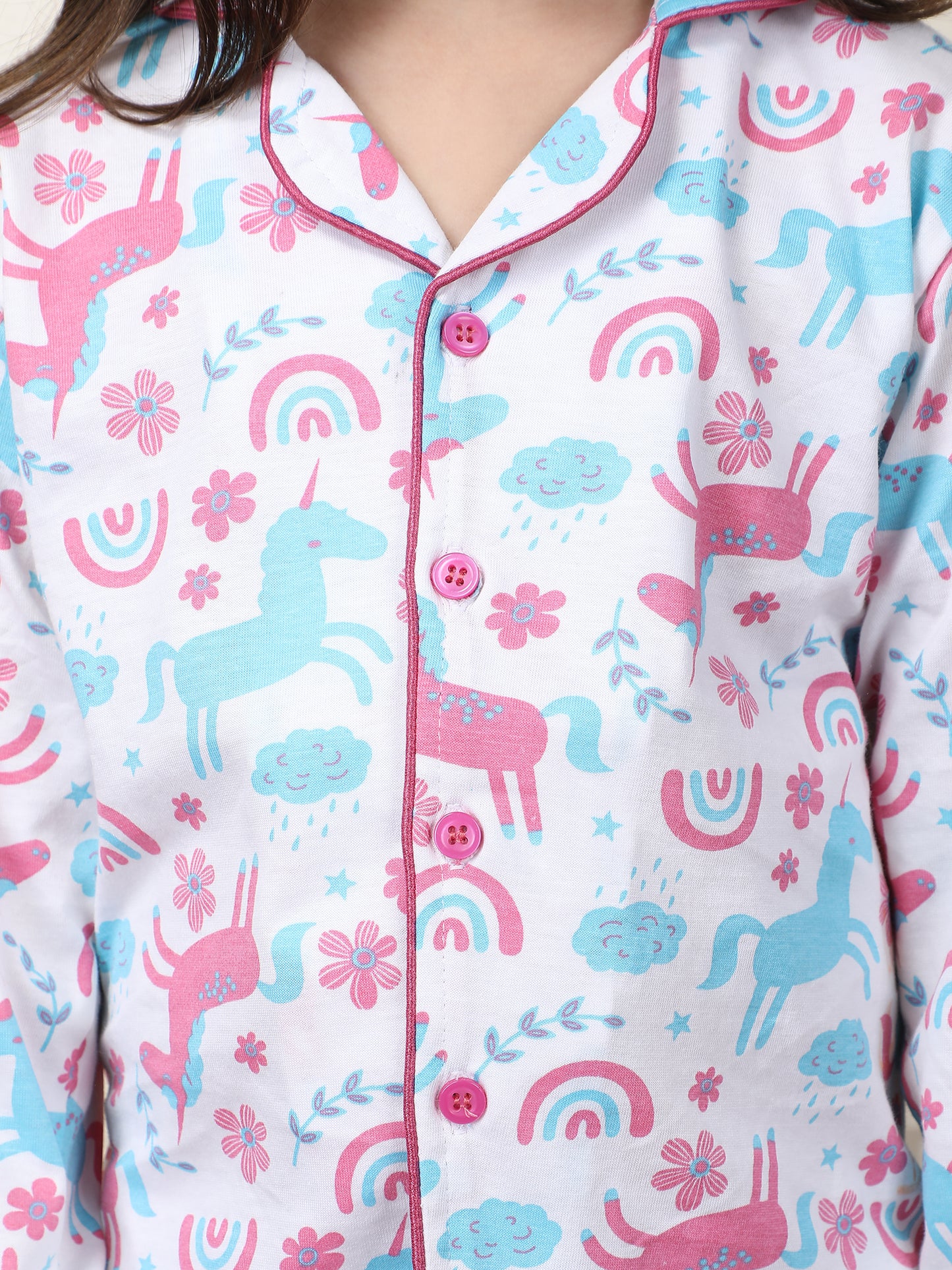 Polka Tots Full sleeve Unicorn print Night suit - Blue and Pink