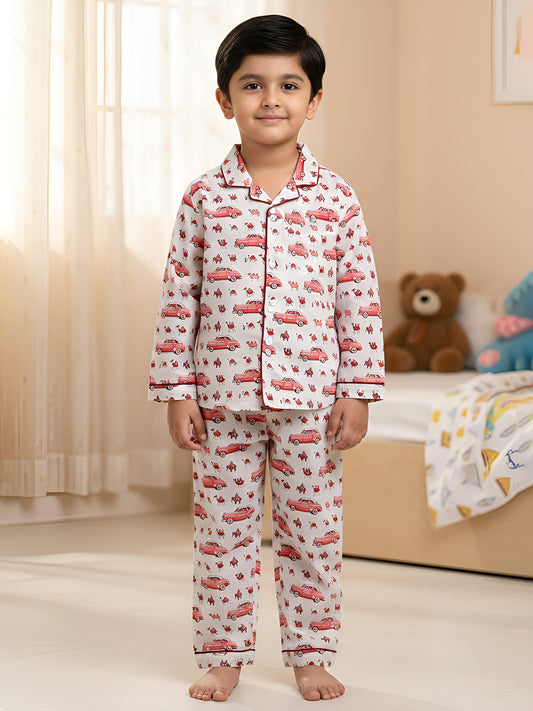 Polka Tots Full sleeve Elephant and Car Print Night suit - Pink