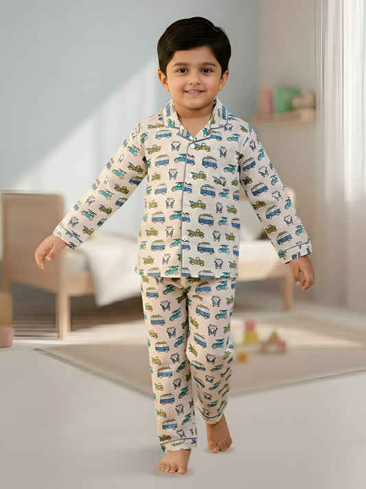 Polka Tots Full sleeve Vehicle Print Night suit - Blue