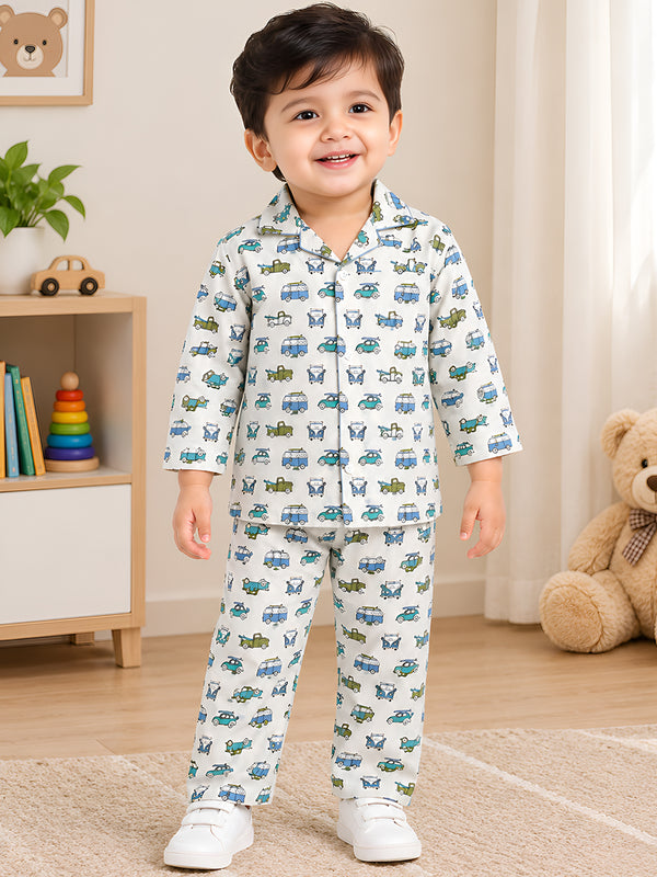 Polka Tots Full sleeve Vehicle Print Night suit - Blue