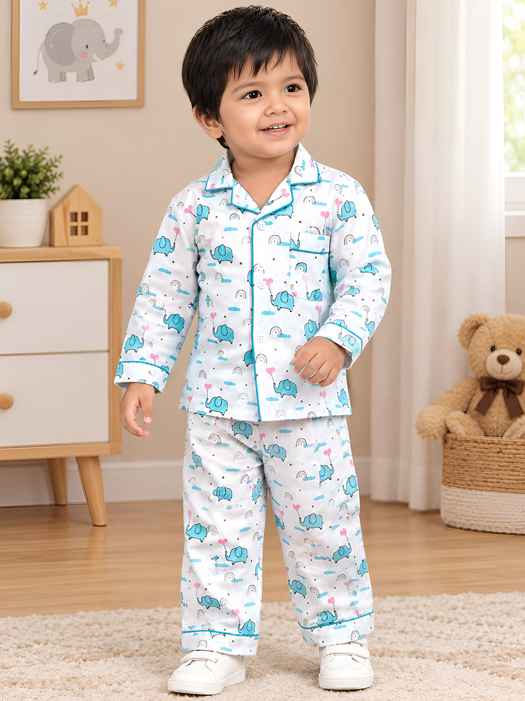 Polka Tots Full sleeve Elephant print Night suit - White