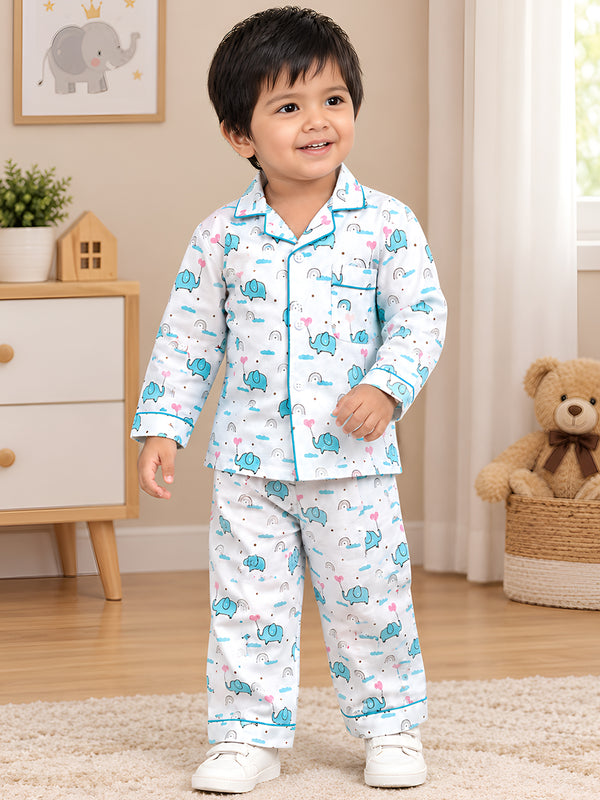 Polka Tots Full sleeve Elephant print Night suit - White