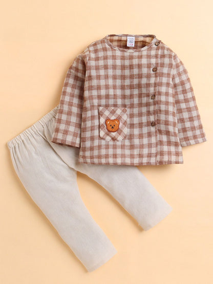 Polka Tots Soft Cotton Full-Sleeves Teddy Pocket Gingham Jhabla & Pant Set - Brown