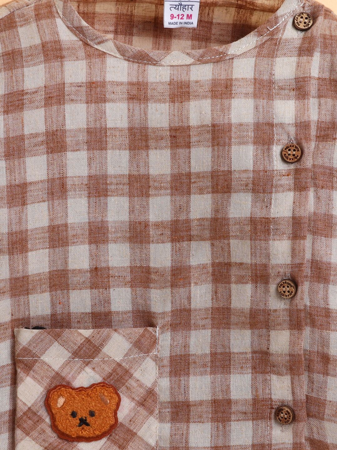 Polka Tots Soft Cotton Full-Sleeves Teddy Pocket Gingham Jhabla & Pant Set - Brown