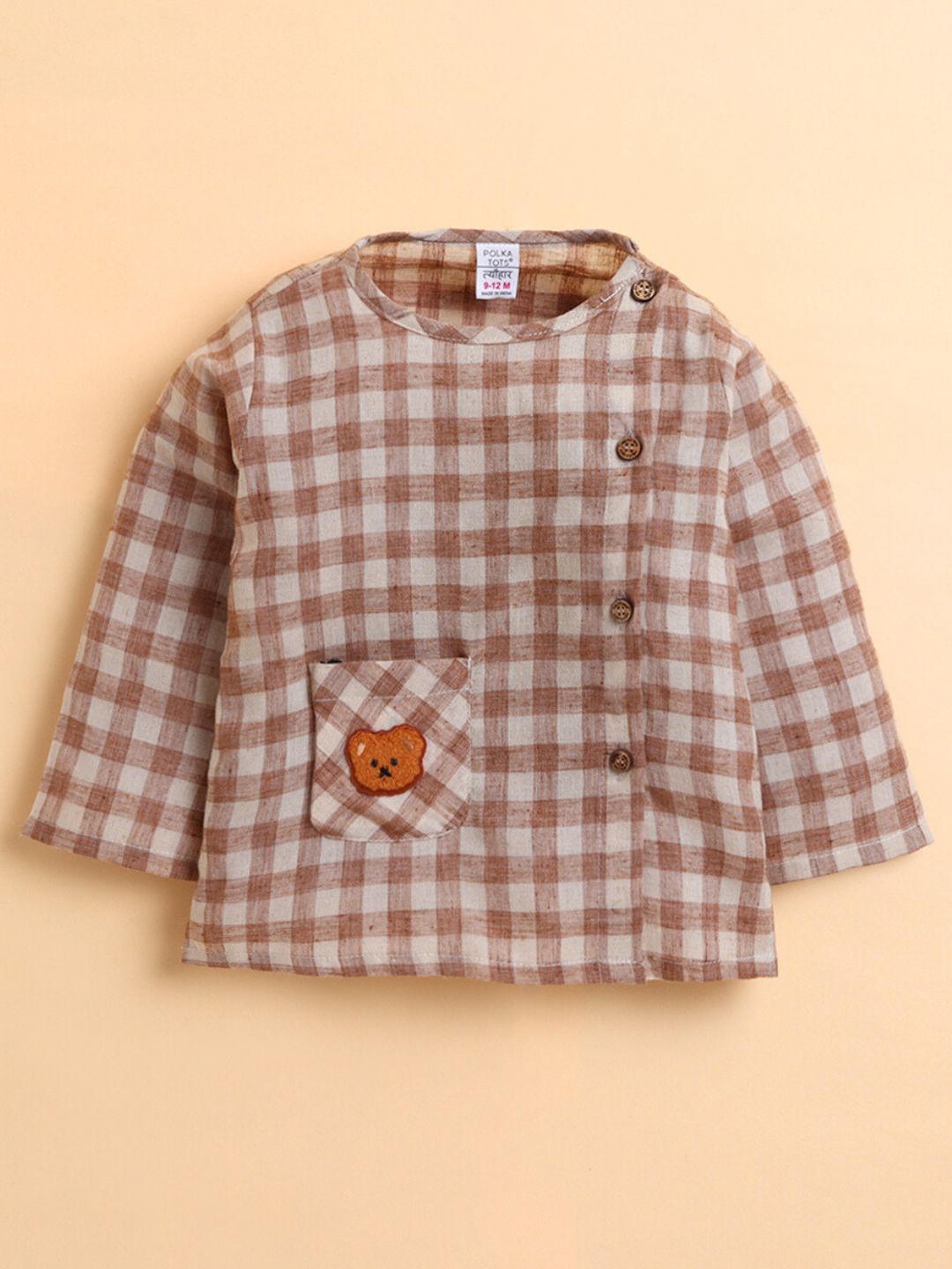 Polka Tots Soft Cotton Full-Sleeves Teddy Pocket Gingham Jhabla & Pant Set - Brown