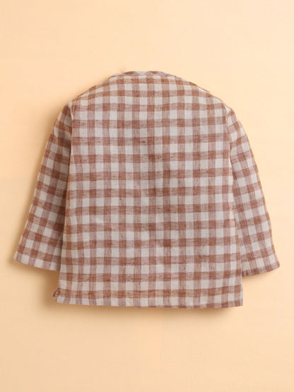 Polka Tots Soft Cotton Full-Sleeves Teddy Pocket Gingham Jhabla & Pant Set - Brown