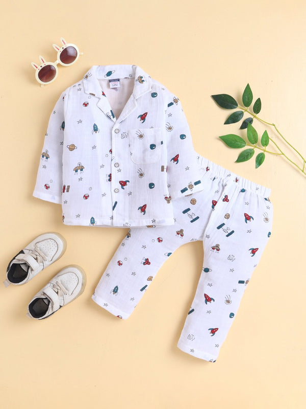 MulMul Sparsh Full Sleeve Space Print Muslin Jabla & Pant Set – White
