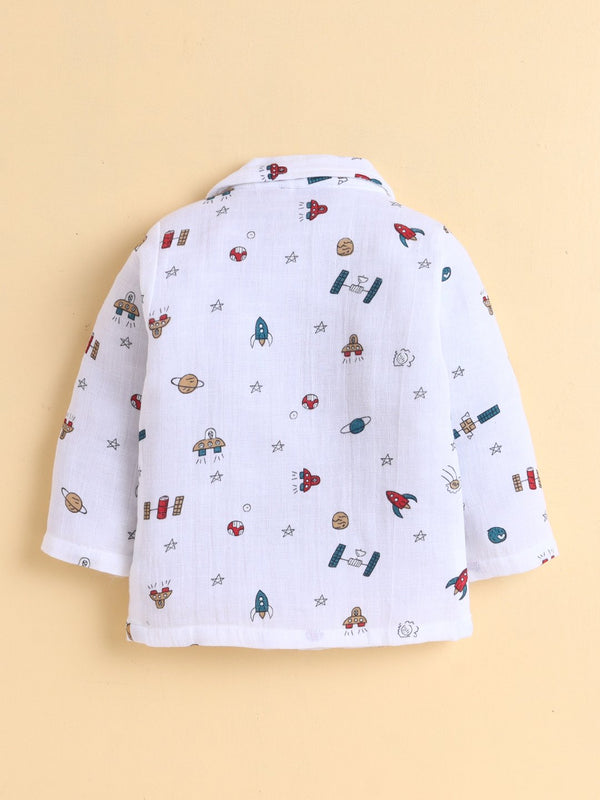 MulMul Sparsh Full Sleeve Space Print Muslin Jabla & Pant Set – White