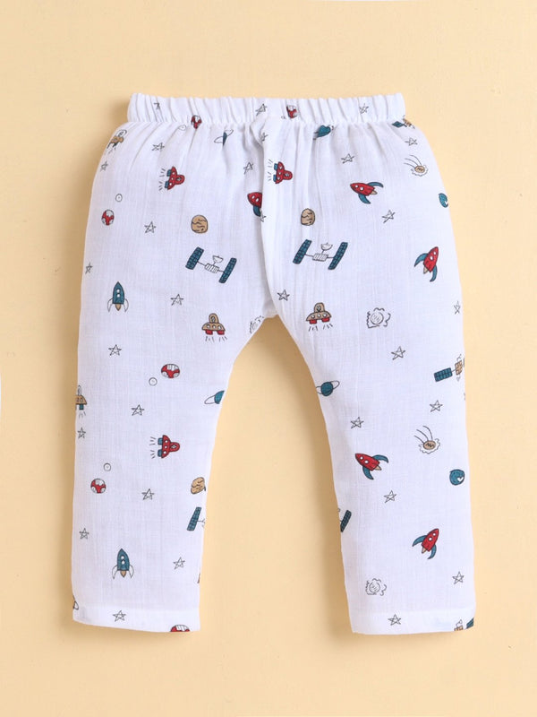 MulMul Sparsh Full Sleeve Space Print Muslin Jabla & Pant Set – White