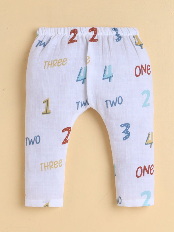 MulMul Sparsh Full Sleeve Numeric Print Muslin Jabla & Pant Set – White