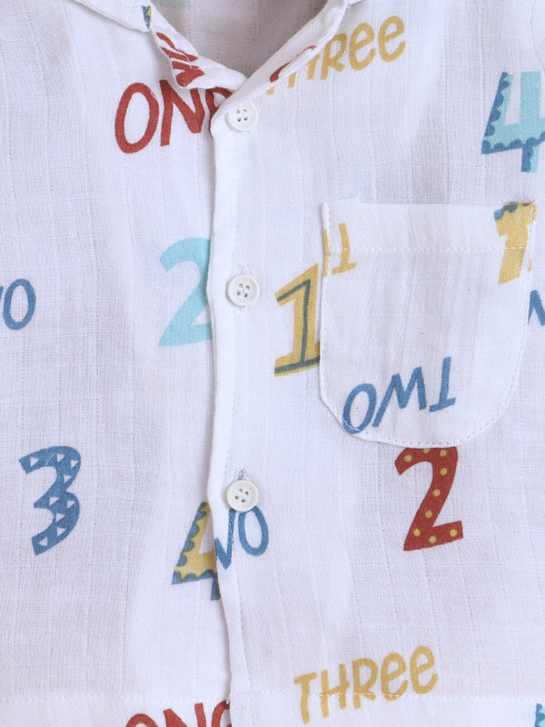 MulMul Sparsh Full Sleeve Numeric Print Muslin Jabla & Pant Set – White
