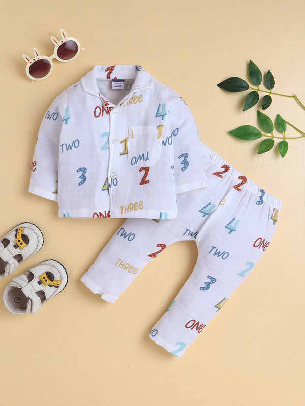 MulMul Sparsh Full Sleeve Numeric Print Muslin Jabla & Pant Set – White