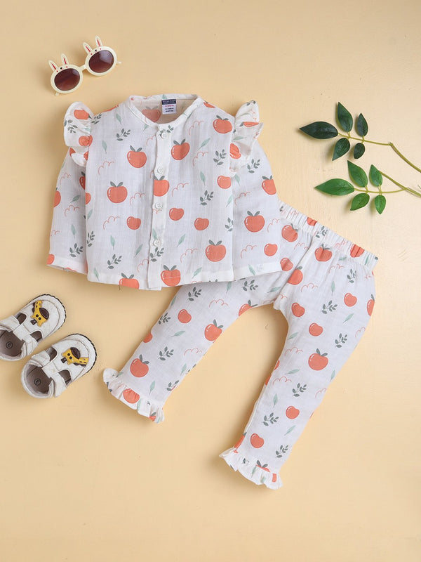 MulMul Sparsh Full Sleeve Tomato Print Muslin Jabla & Frill Pant Set – White