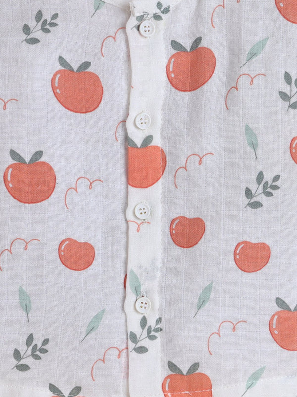 MulMul Sparsh Full Sleeve Tomato Print Muslin Jabla & Frill Pant Set – White