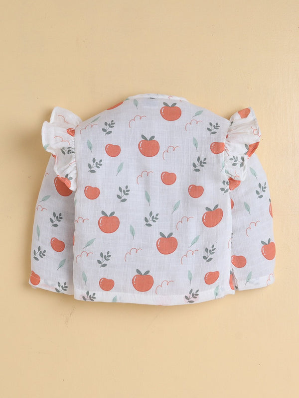 MulMul Sparsh Full Sleeve Tomato Print Muslin Jabla & Frill Pant Set – White