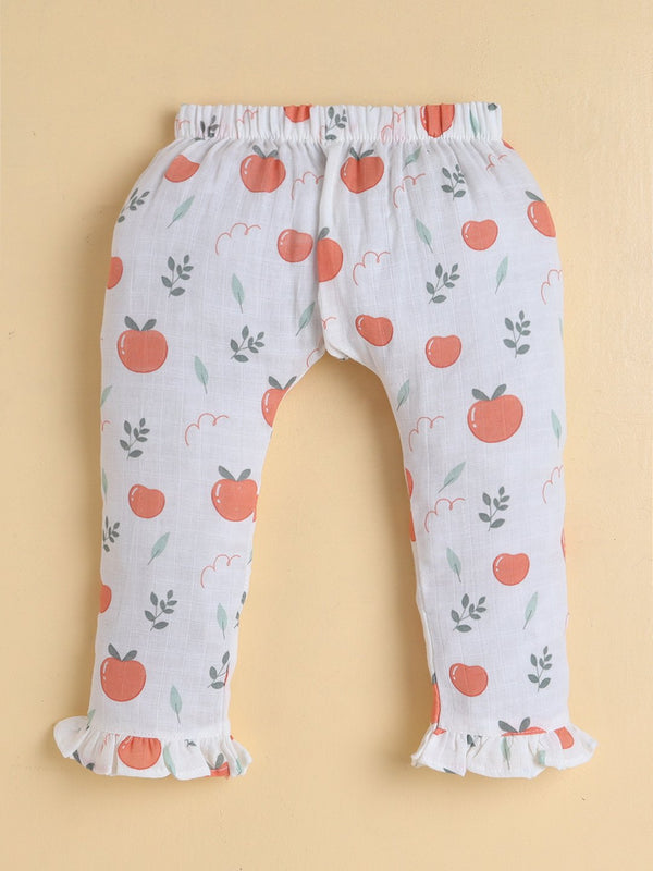 MulMul Sparsh Full Sleeve Tomato Print Muslin Jabla & Frill Pant Set – White
