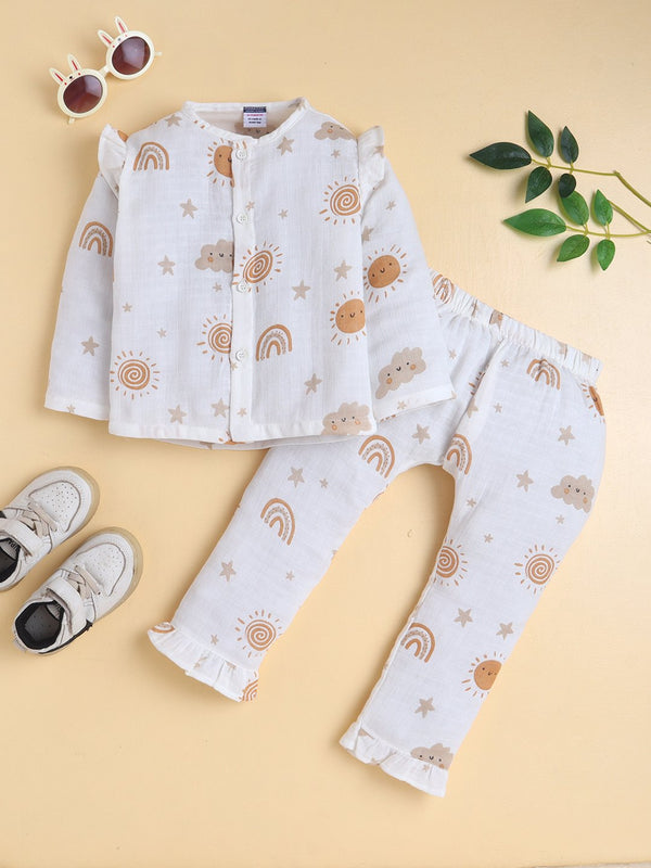 MulMul Sparsh Full Sleeve Boho Sunshine & Rainbow Print Muslin Jabla & Frill Pant Set – White